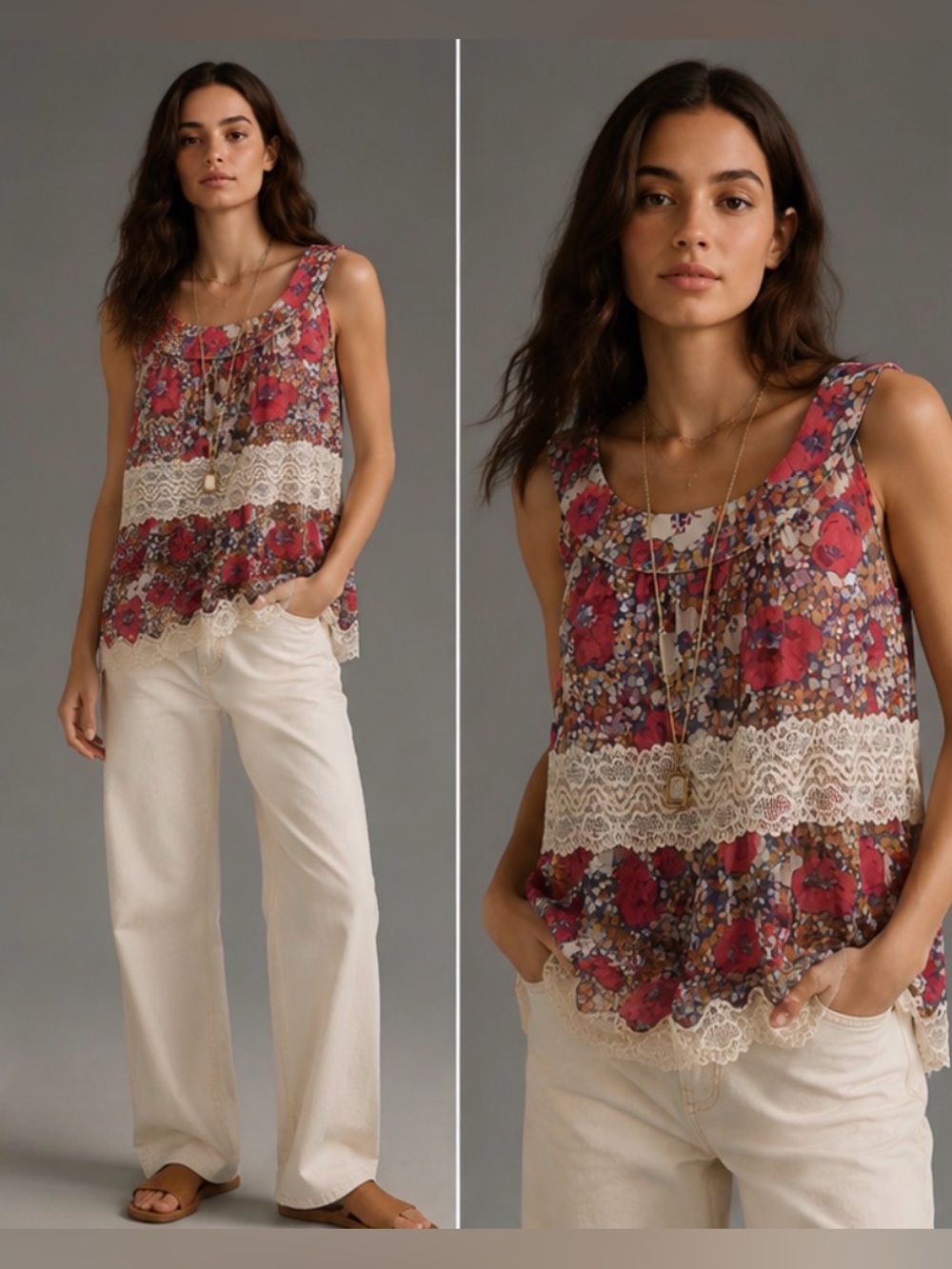 Anna Sui for Anthropologie Silk Floral Lace Tank Top